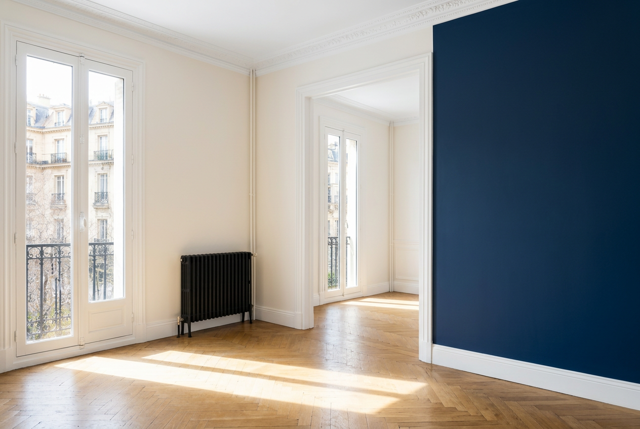 La misma habitación después de ser pintada por Pinturas Aero — pared acento azul navy, techo blanco y paredes lisas